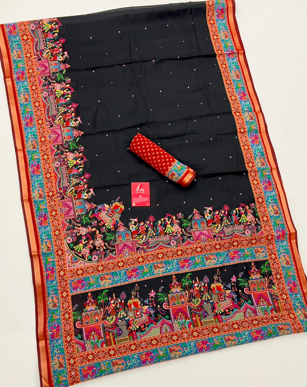 Stylish Black Ajrakh Kalamkari Pure Maslin Silk Saree with Mirror Work