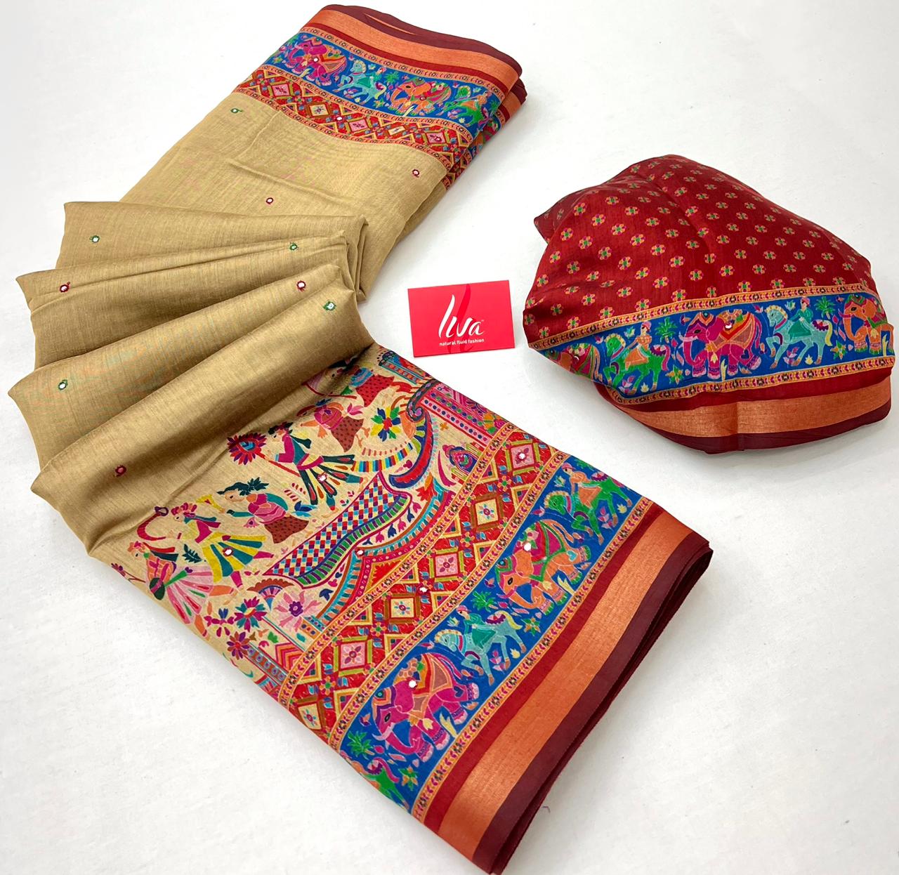 Vanilla Cream Ajrakh Kalamkari Pure Maslin Silk Saree with Mirror Work