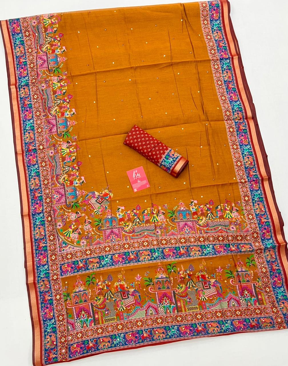 Rob Yellow Ajrakh Kalamkari Pure Maslin Silk Saree with Mirror Work