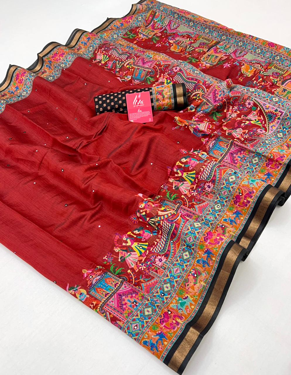 Mahogany Red Ajrakh Kalamkari Pure Maslin Silk Saree with Mirror Work