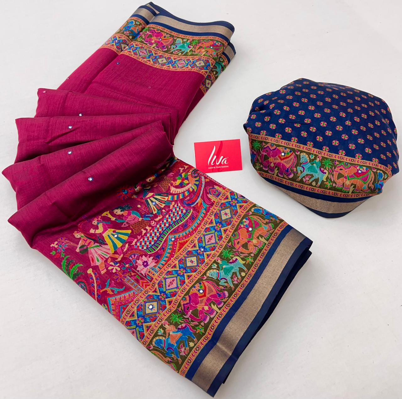 Jam Pink Ajrakh Kalamkari Pure Maslin Silk Saree with Mirror Work