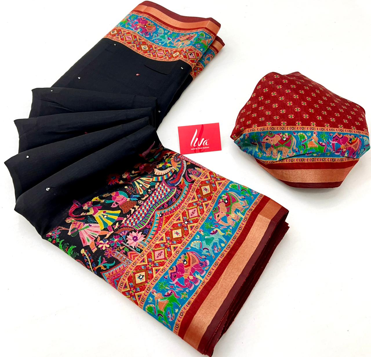 Stylish Black Ajrakh Kalamkari Pure Maslin Silk Saree with Mirror Work