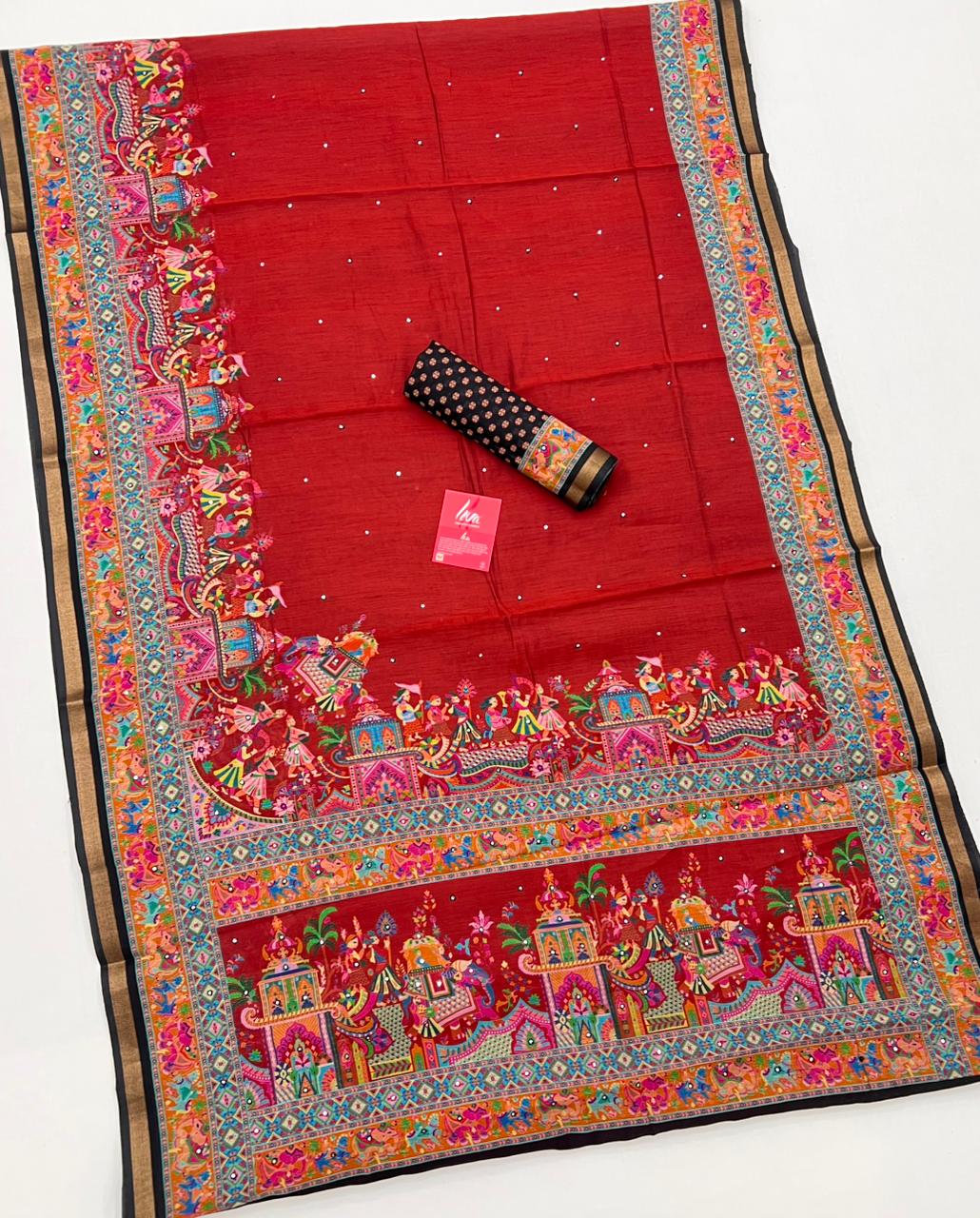 Mahogany Red Ajrakh Kalamkari Pure Maslin Silk Saree with Mirror Work