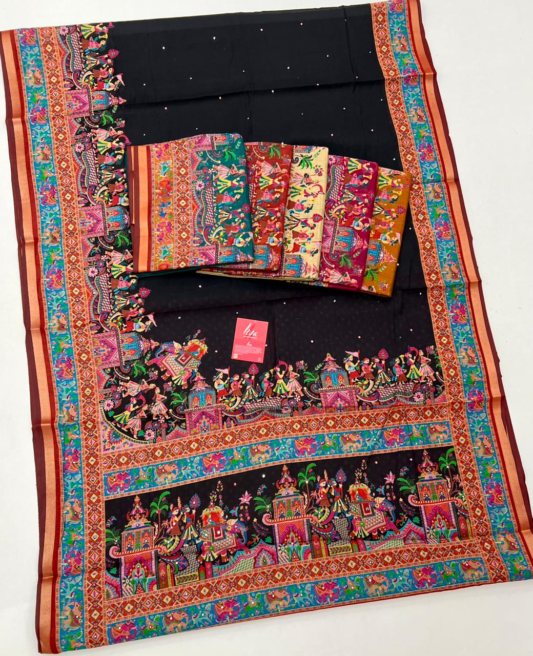 Cerulean Blue Ajrakh Kalamkari Pure Maslin Silk Saree with Mirror Work