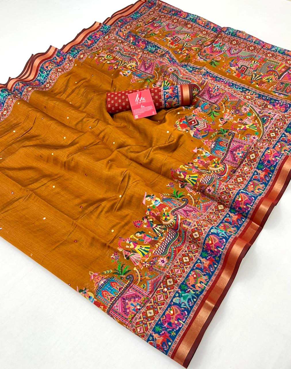 Rob Yellow Ajrakh Kalamkari Pure Maslin Silk Saree with Mirror Work