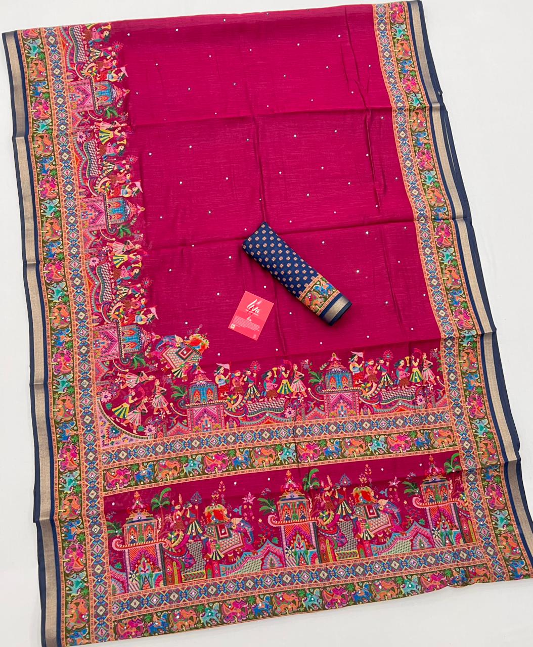 Jam Pink Ajrakh Kalamkari Pure Maslin Silk Saree with Mirror Work