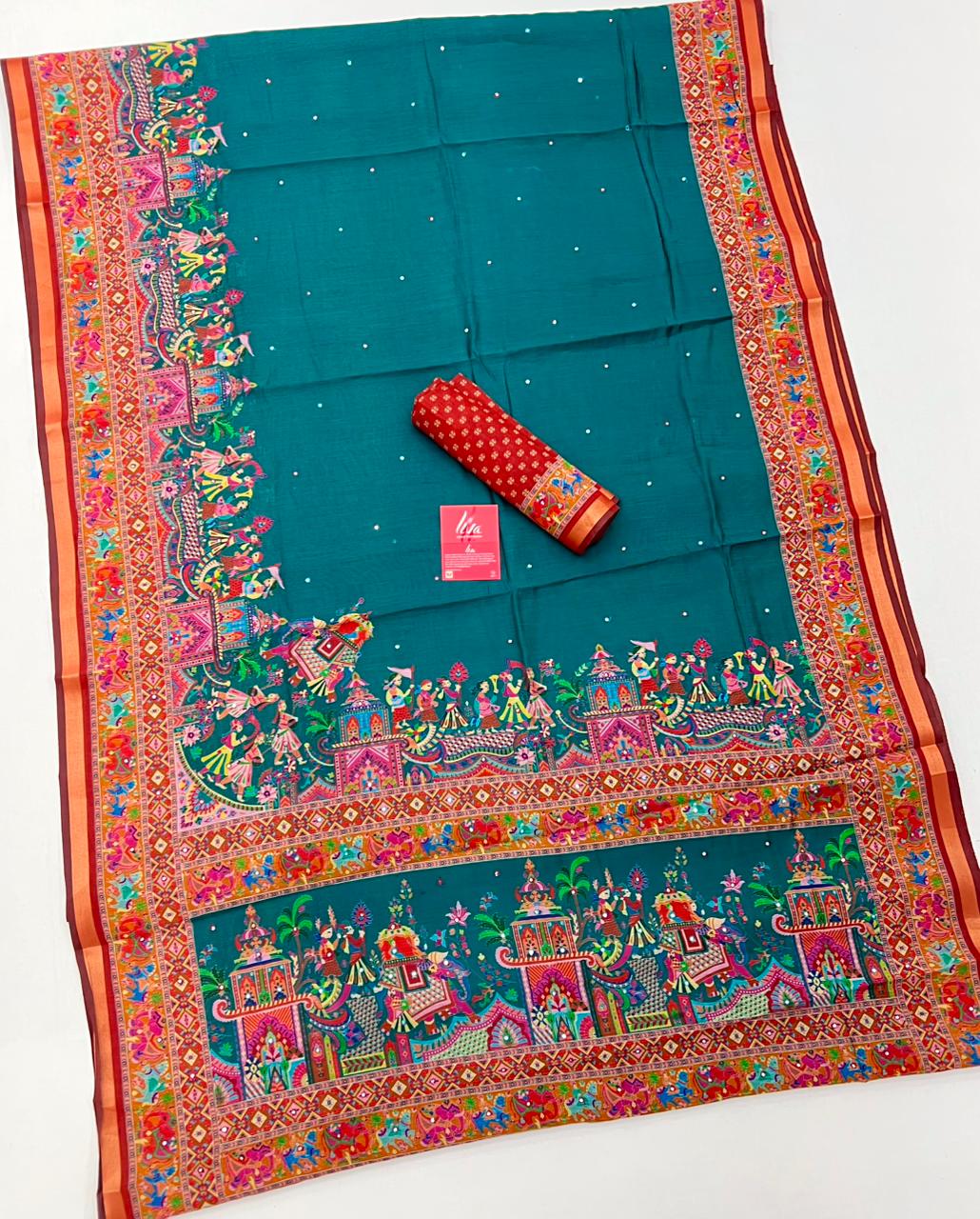 Cerulean Blue Ajrakh Kalamkari Pure Maslin Silk Saree with Mirror Work