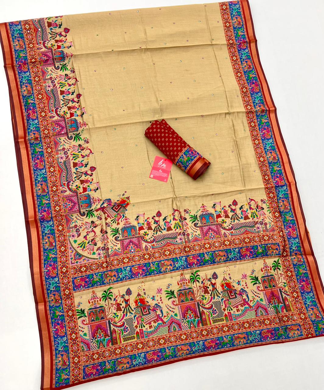 Vanilla Cream Ajrakh Kalamkari Pure Maslin Silk Saree with Mirror Work