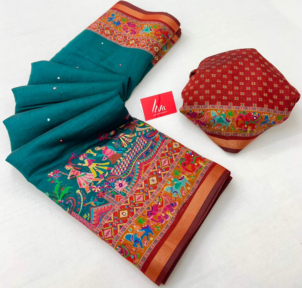 Cerulean Blue Ajrakh Kalamkari Pure Maslin Silk Saree with Mirror Work
