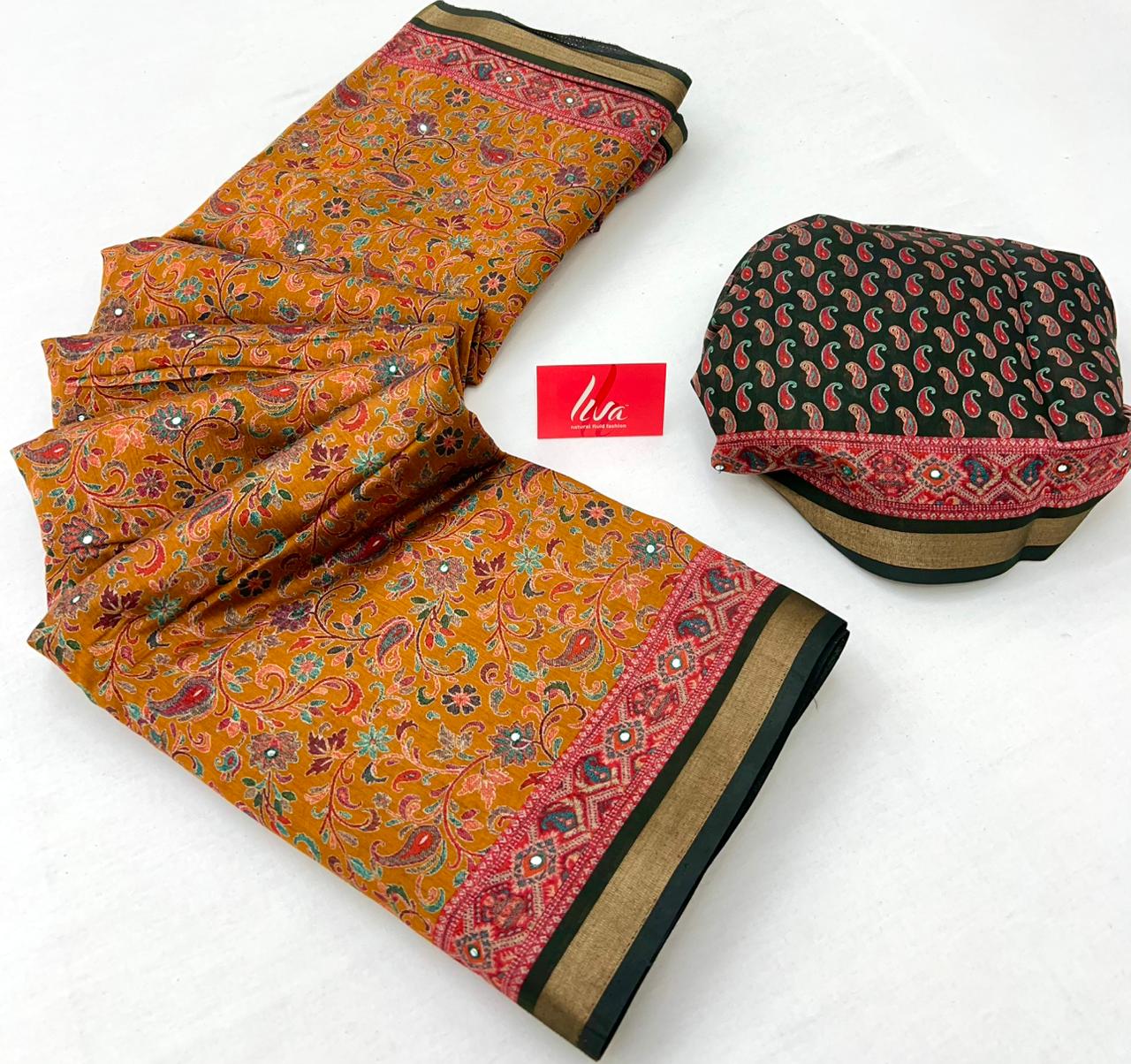 Dusty Orange Ajrakh Kalamkari Pure Maslin Silk Saree With Mirror Work