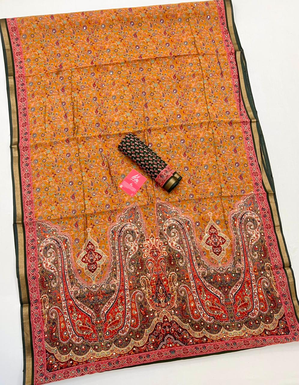 Dusty Orange Ajrakh Kalamkari Pure Maslin Silk Saree With Mirror Work