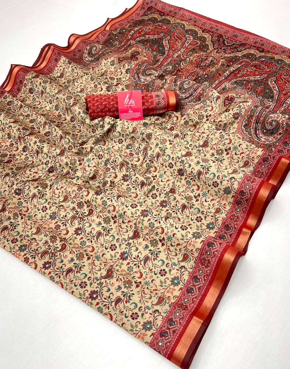 Dairy Cream Ajrakh Kalamkari Pure Maslin Silk Saree With Mirror Work
