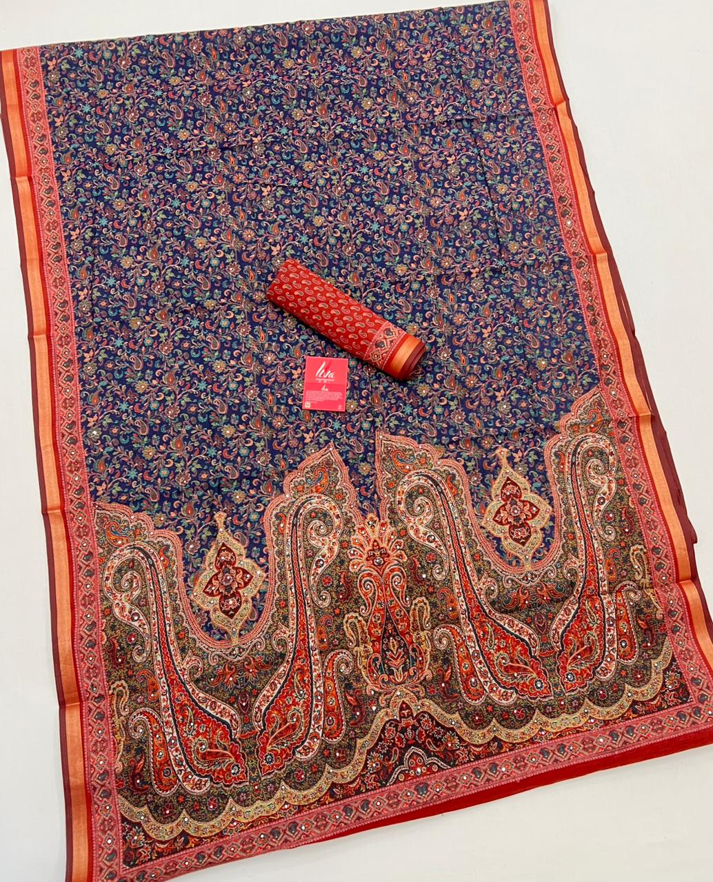 Navy Blue Ajrakh Kalamkari Pure Maslin Silk Saree With Mirror Work