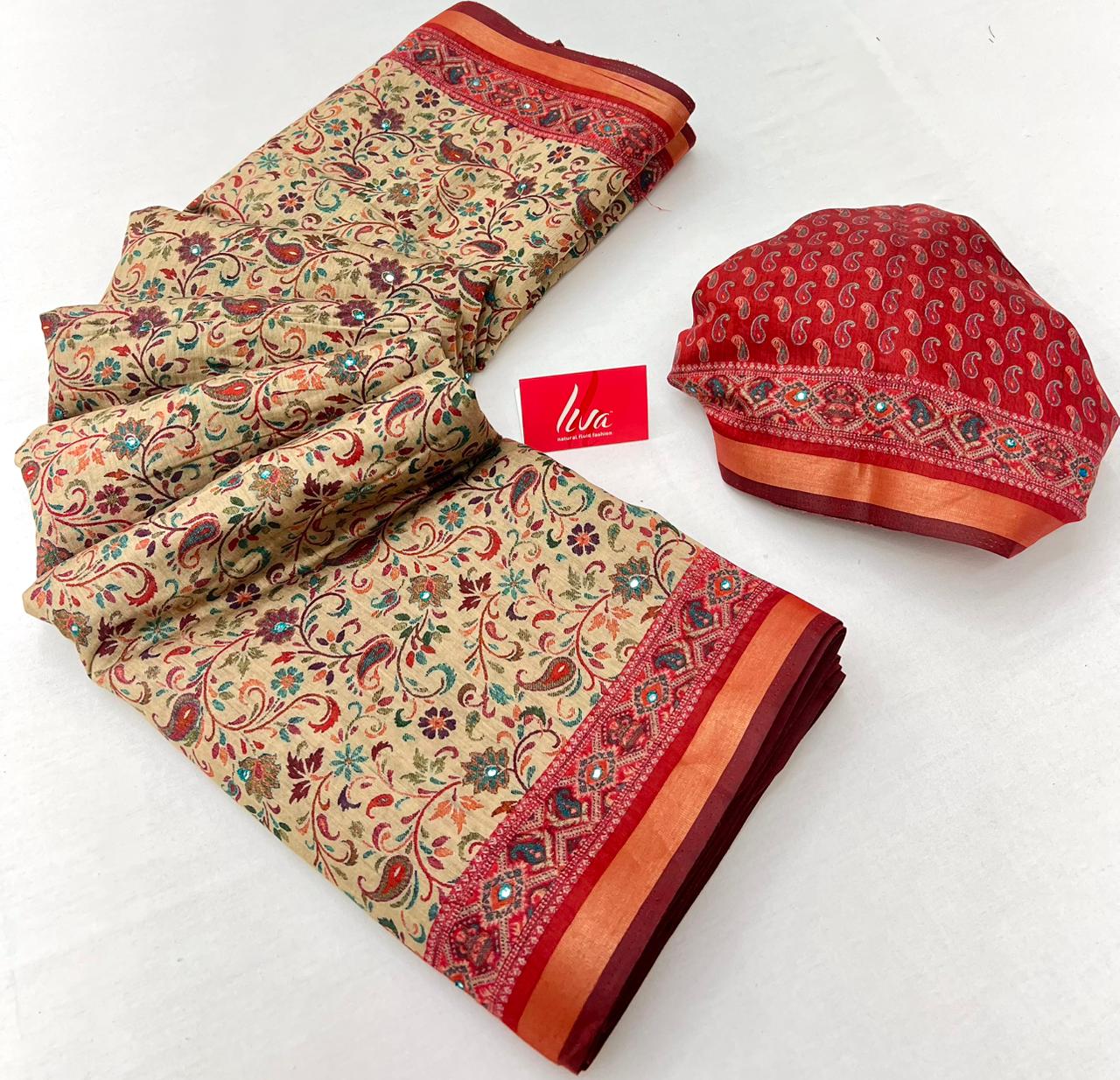 Dairy Cream Ajrakh Kalamkari Pure Maslin Silk Saree With Mirror Work