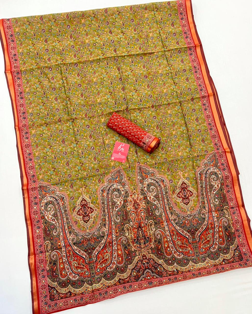 Reef Gold Ajrakh Kalamkari Pure Maslin Silk Saree With Mirror Work