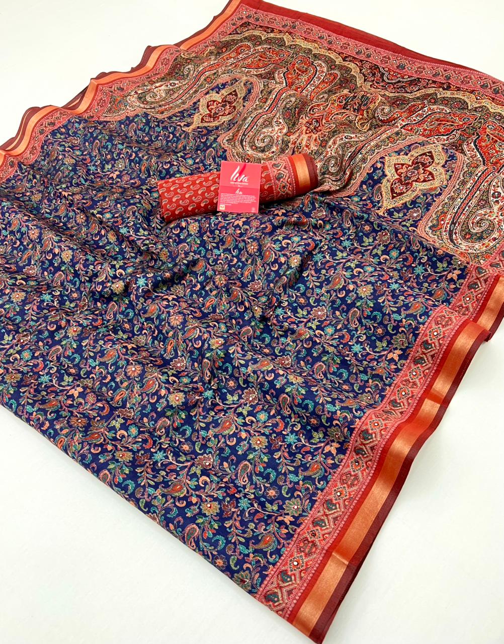 Navy Blue Ajrakh Kalamkari Pure Maslin Silk Saree With Mirror Work