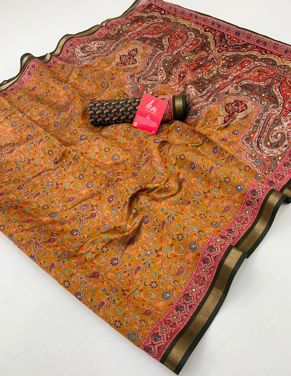 Dusty Orange Ajrakh Kalamkari Pure Maslin Silk Saree With Mirror Work