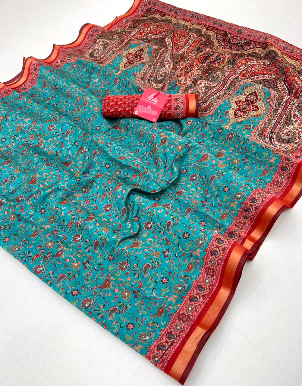 Sky Blue Ajrakh Kalamkari Pure Maslin Silk Saree With Mirror Work