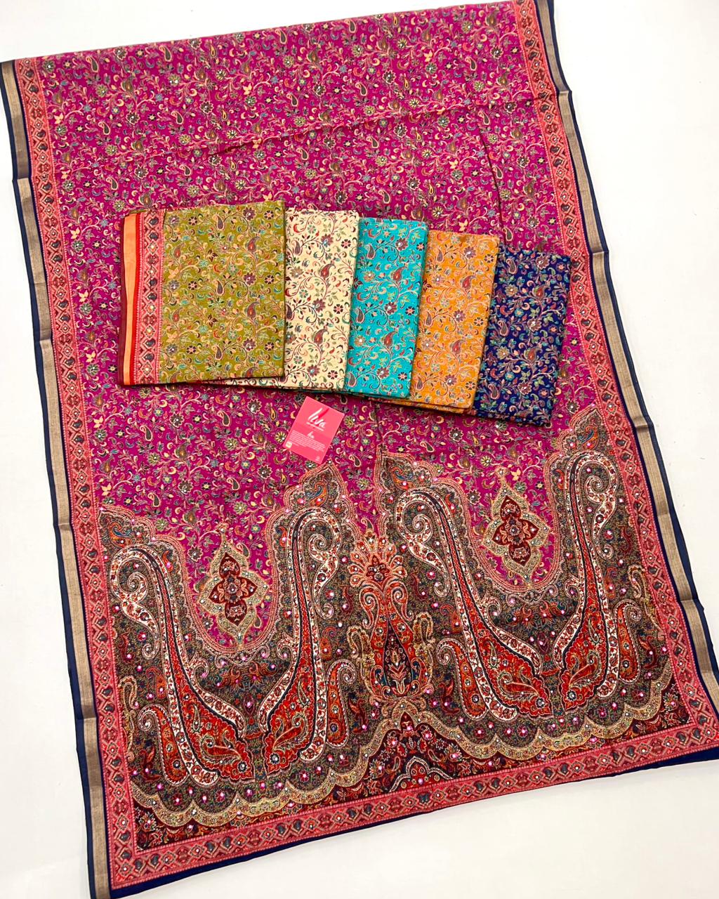 Dairy Cream Ajrakh Kalamkari Pure Maslin Silk Saree With Mirror Work