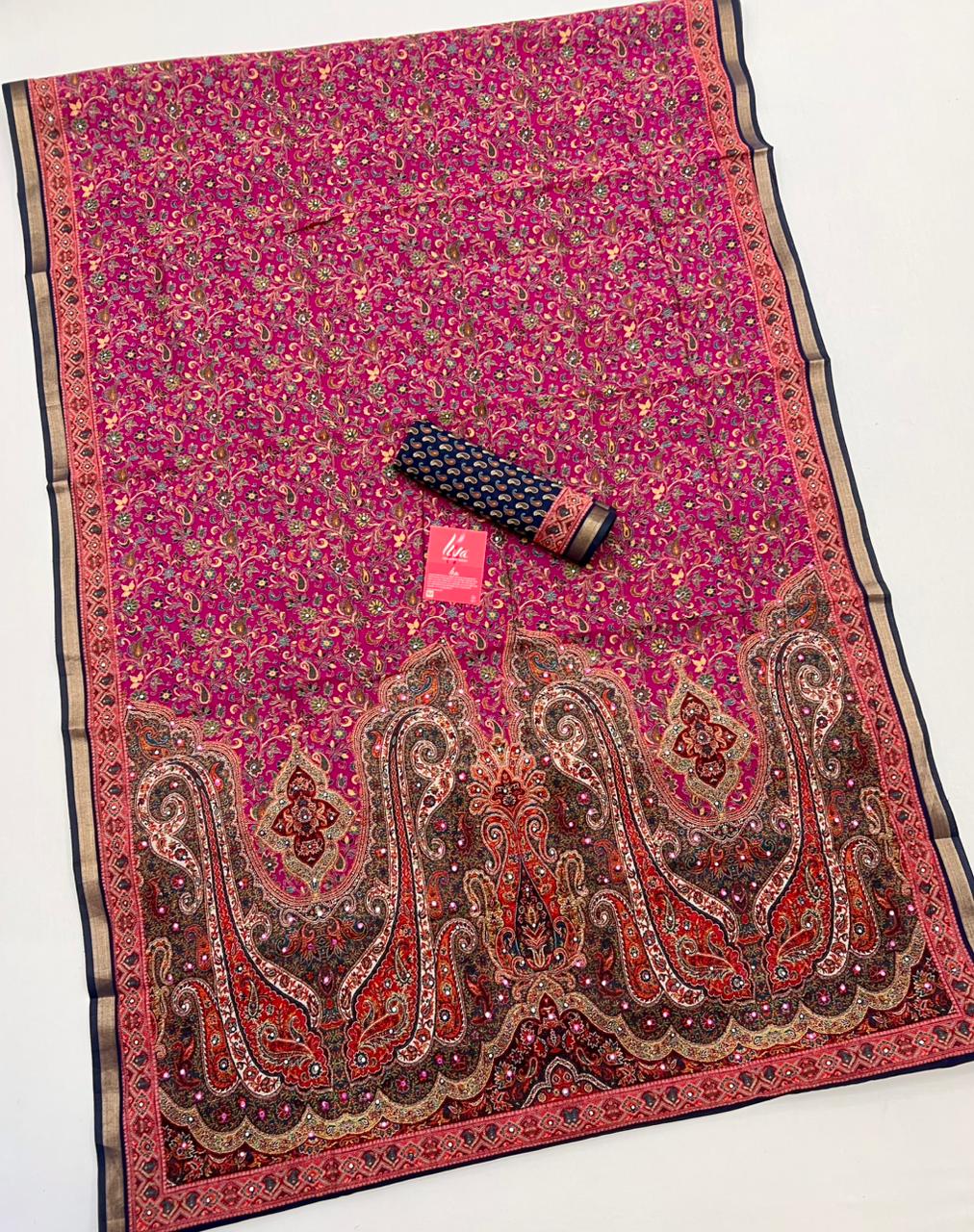 Dark Rose Ajrakh Kalamkari Pure Maslin Silk Saree With Mirror Work