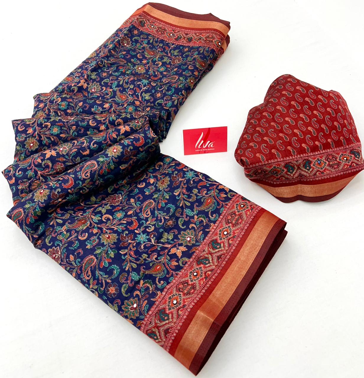 Navy Blue Ajrakh Kalamkari Pure Maslin Silk Saree With Mirror Work