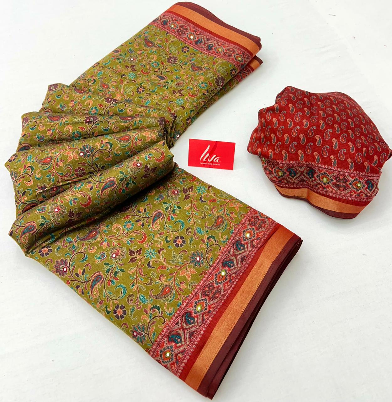 Reef Gold Ajrakh Kalamkari Pure Maslin Silk Saree With Mirror Work