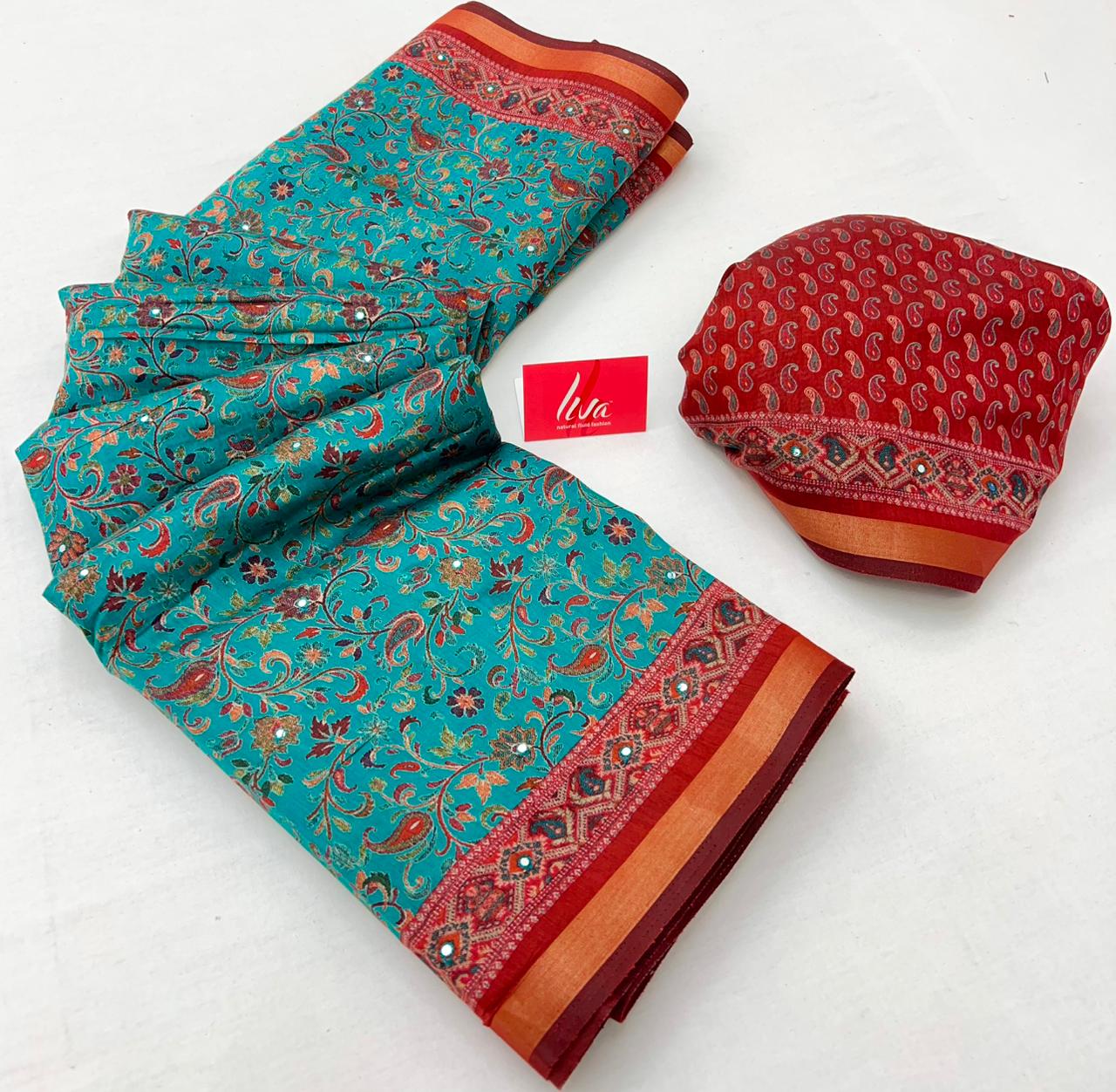 Sky Blue Ajrakh Kalamkari Pure Maslin Silk Saree With Mirror Work