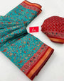 Sky Blue Ajrakh Kalamkari Pure Maslin Silk Saree With Mirror Work