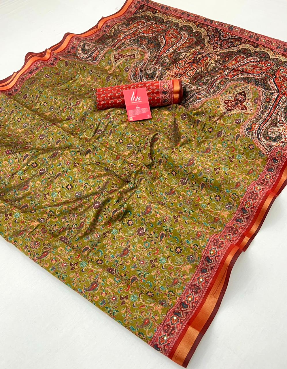 Reef Gold Ajrakh Kalamkari Pure Maslin Silk Saree With Mirror Work
