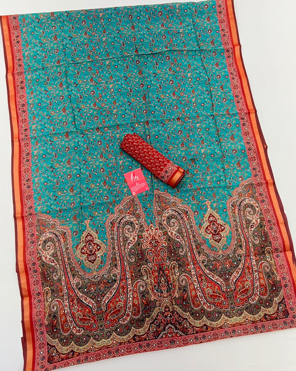 Sky Blue Ajrakh Kalamkari Pure Maslin Silk Saree With Mirror Work