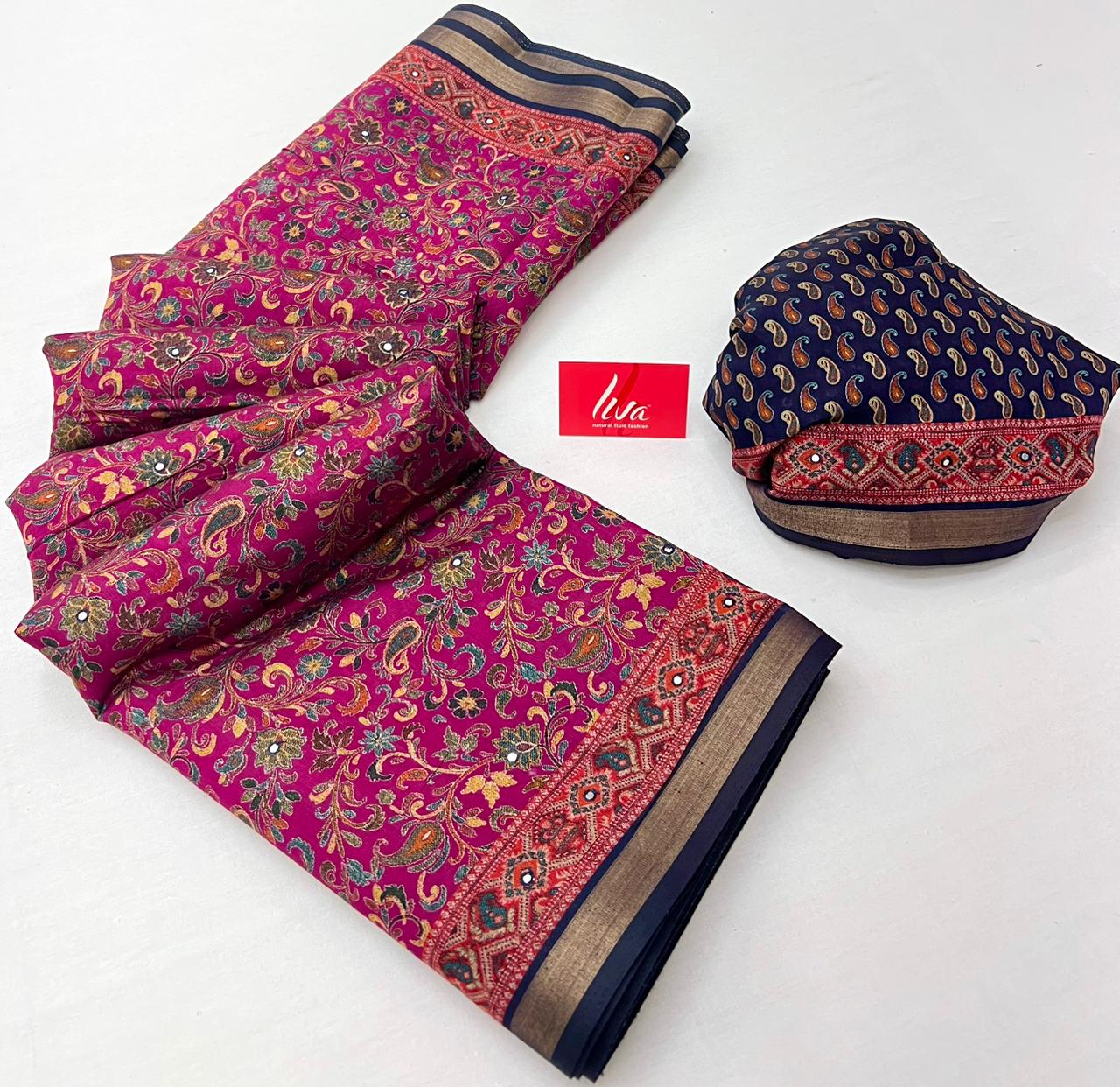 Dark Rose Ajrakh Kalamkari Pure Maslin Silk Saree With Mirror Work