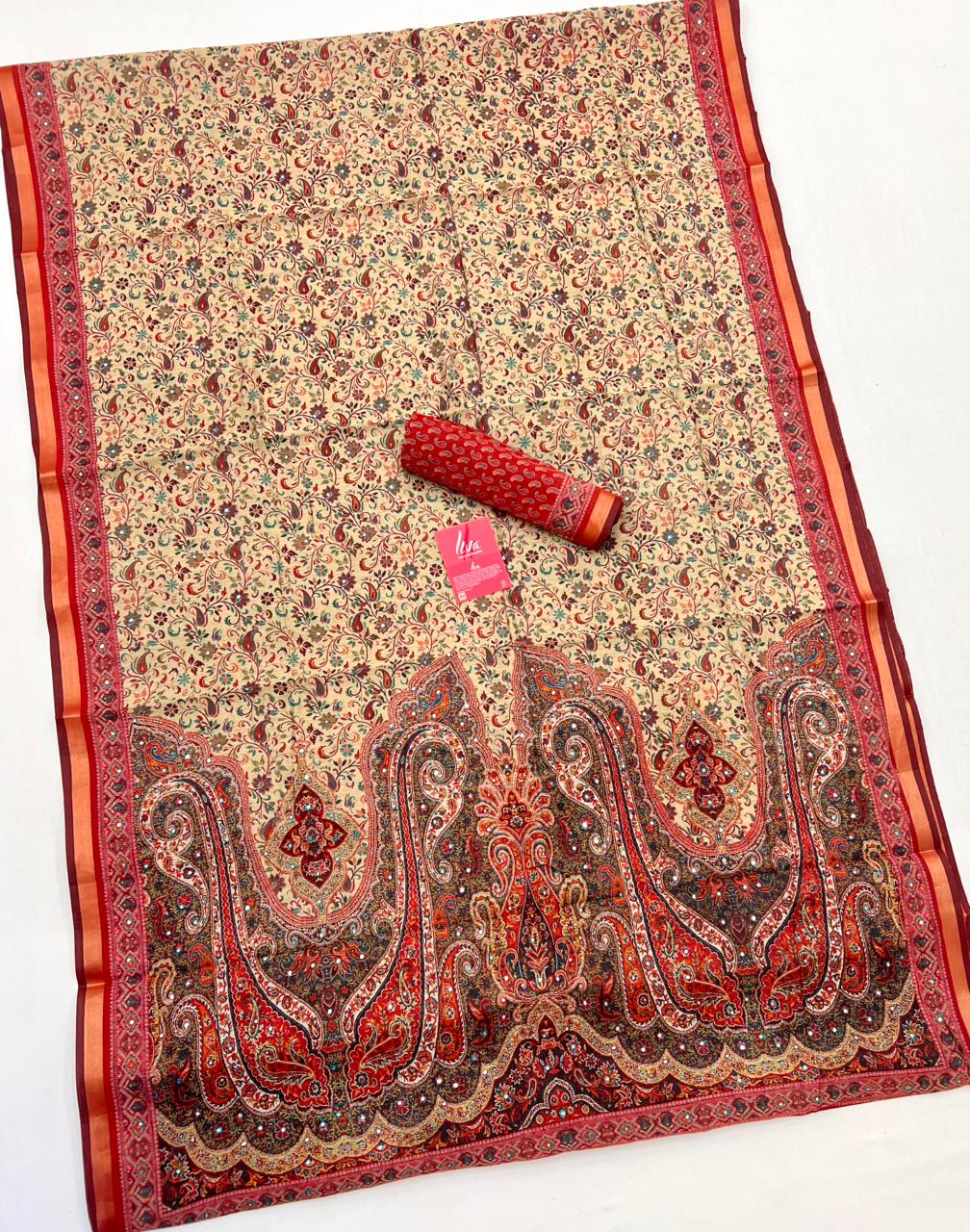 Dairy Cream Ajrakh Kalamkari Pure Maslin Silk Saree With Mirror Work