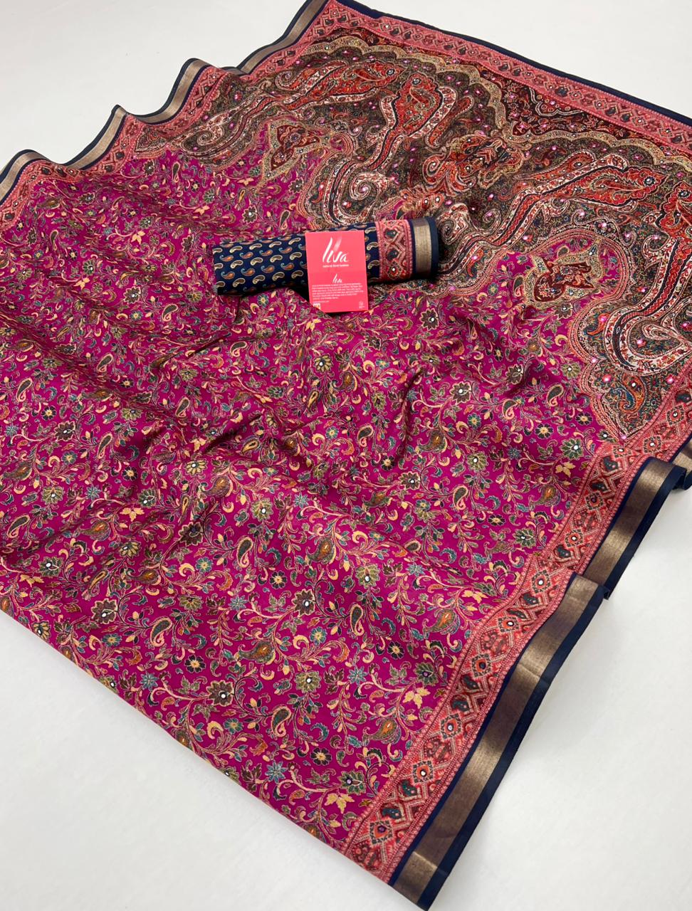Dark Rose Ajrakh Kalamkari Pure Maslin Silk Saree With Mirror Work
