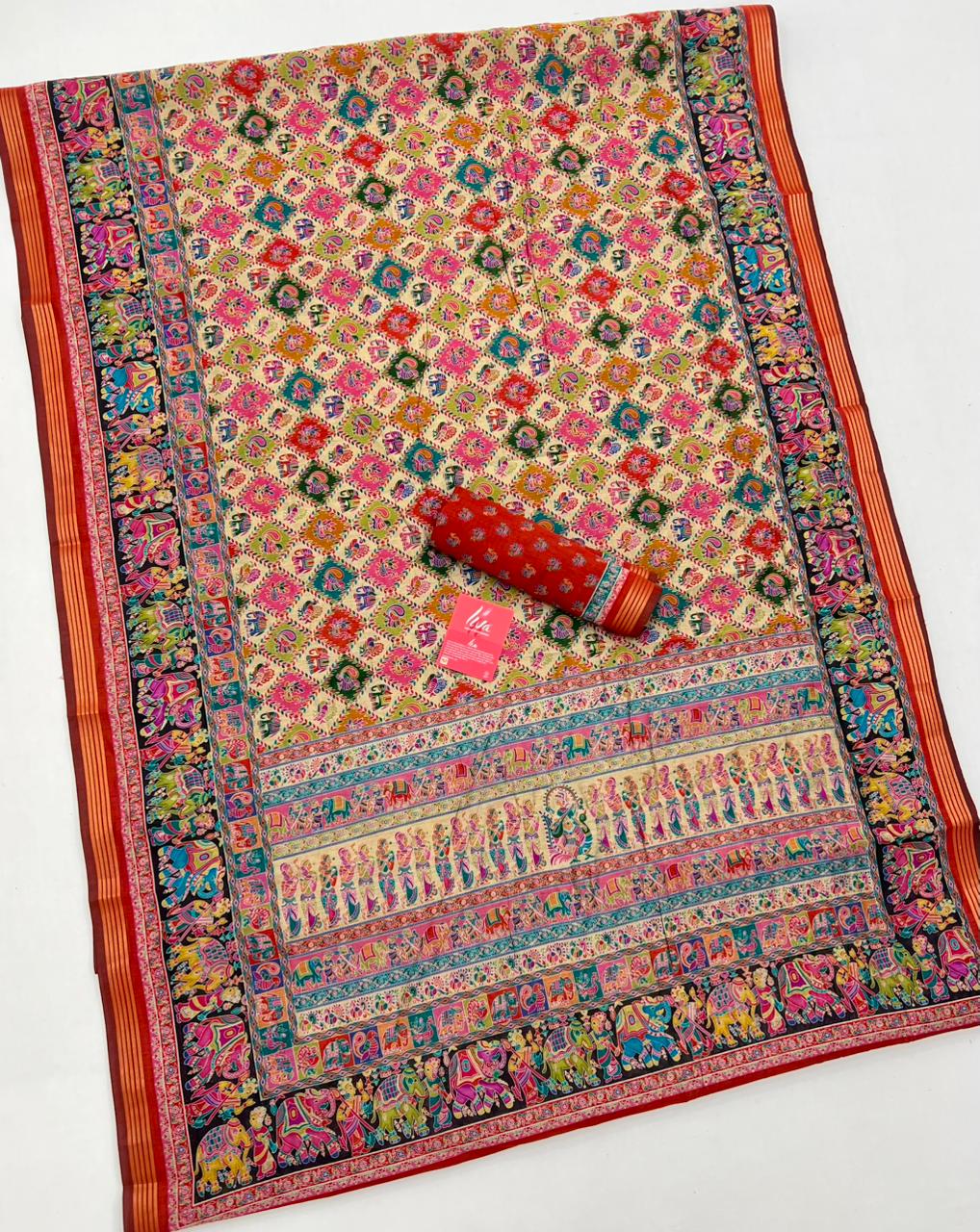 Ajrakh Kalamkari Pure Maslin Silk Saree With Evocative Blouse Piece