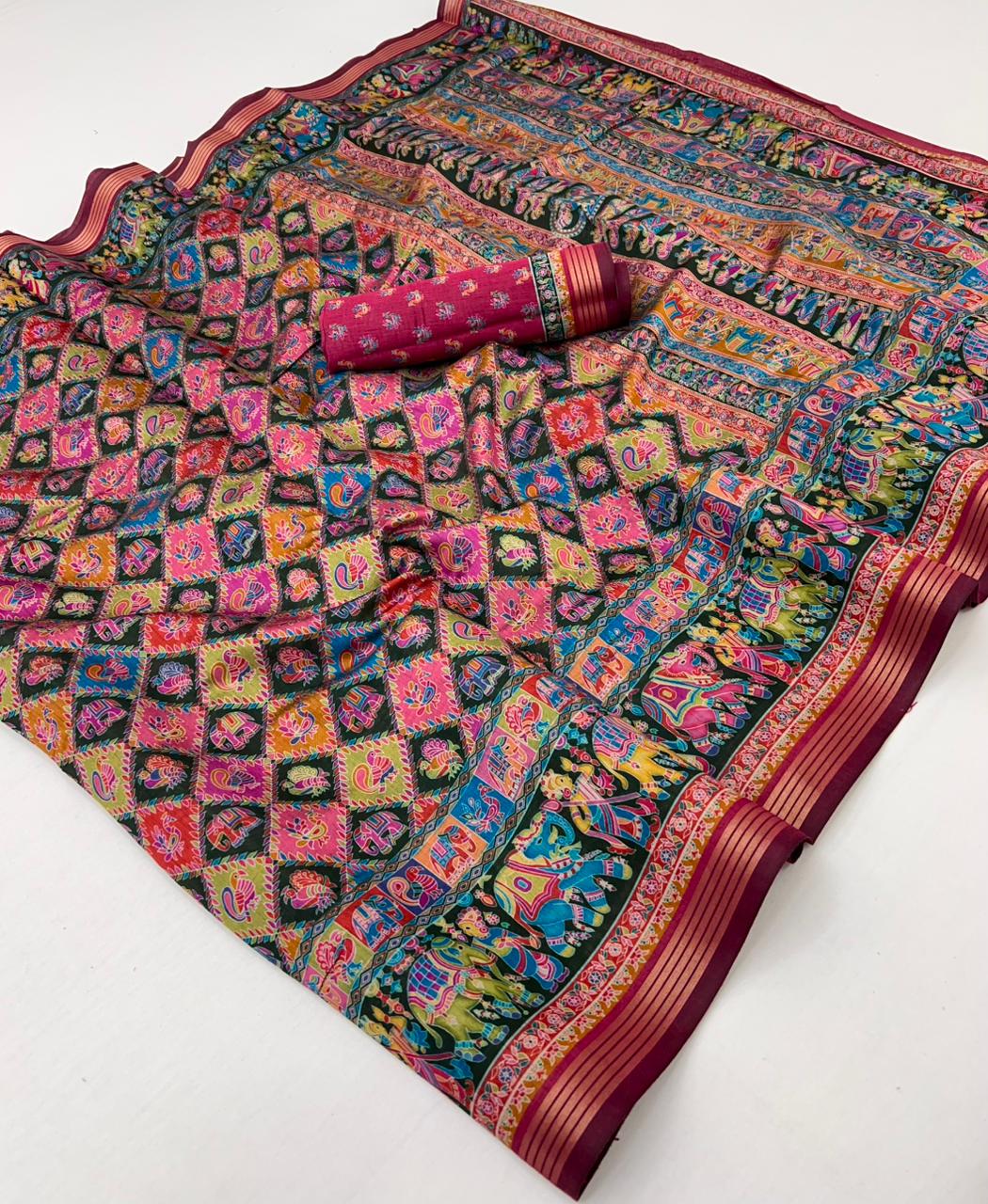 Ajrakh Kalamkari Pure Maslin Silk Saree With Evocative Blouse Piece