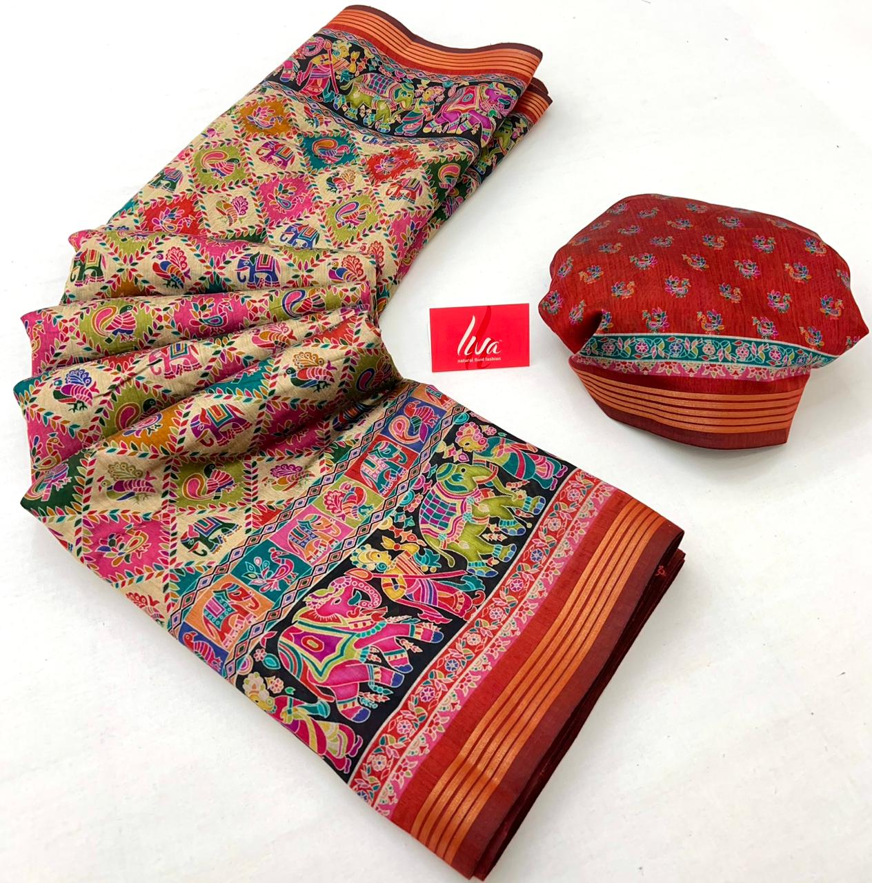 Ajrakh Kalamkari Pure Maslin Silk Saree With Evocative Blouse Piece
