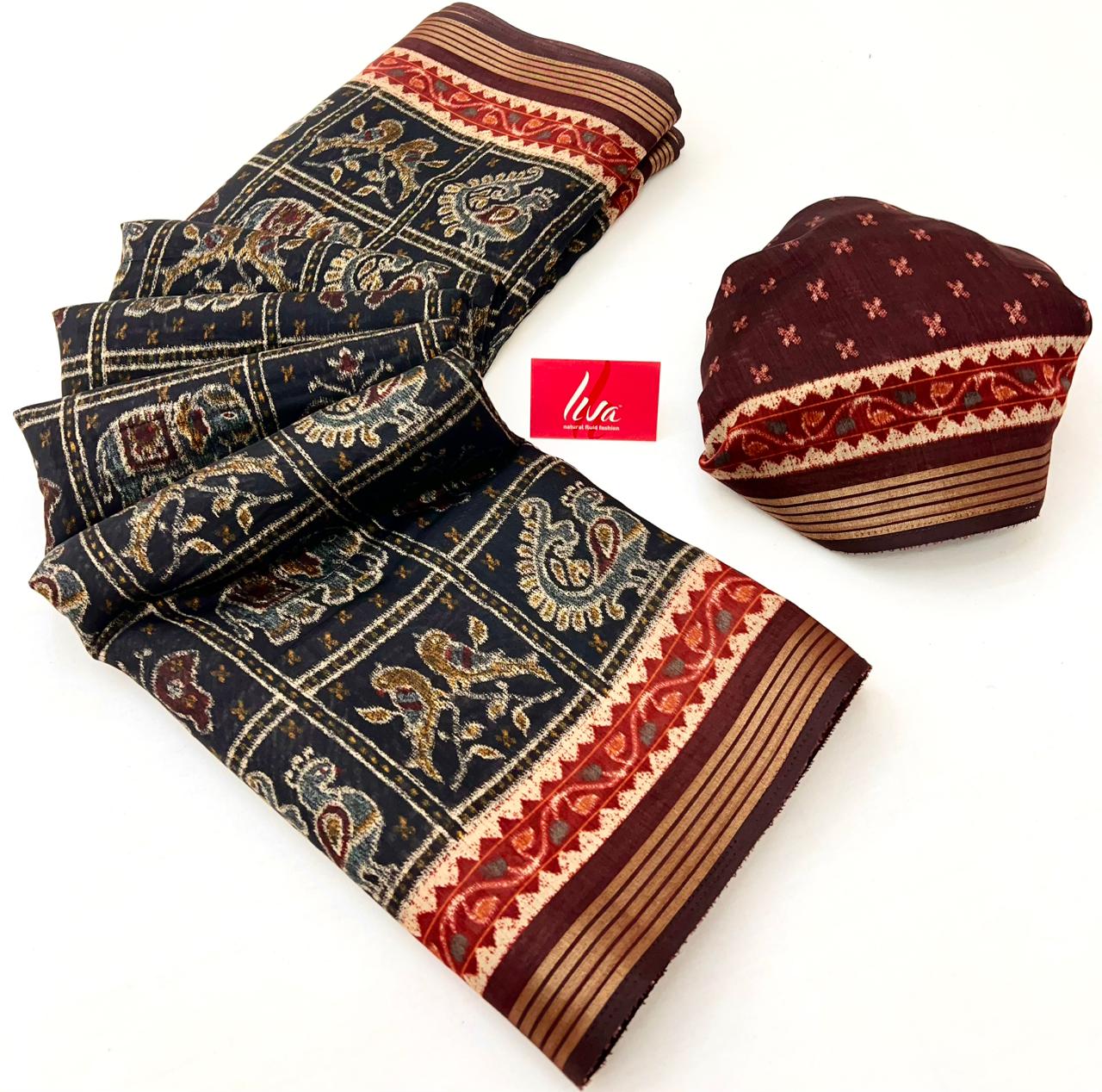 Taupe Black Kalamkari Pure Maslin Silk Saree With Evocative Blouse Piece