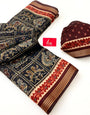 Taupe Black Kalamkari Pure Maslin Silk Saree With Evocative Blouse Piece
