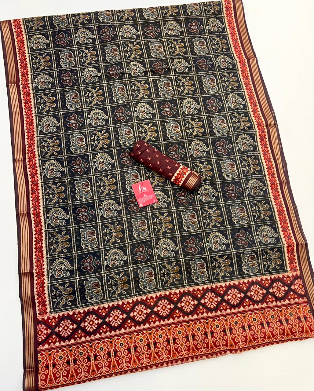 Taupe Black Kalamkari Pure Maslin Silk Saree With Evocative Blouse Piece