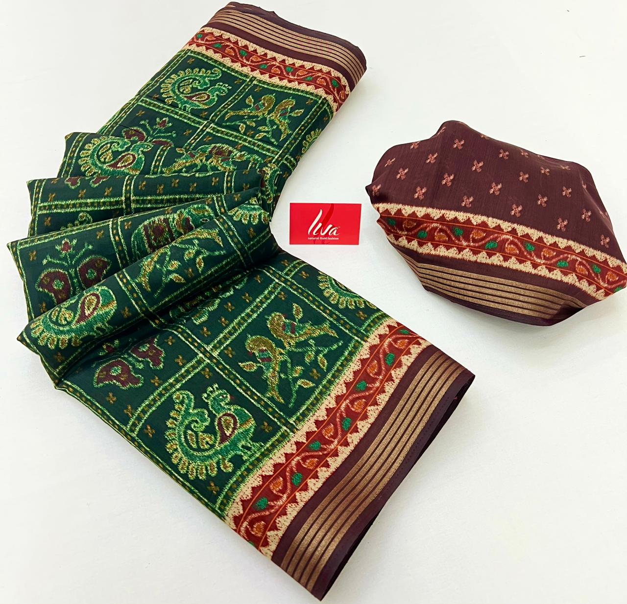 Tree Green Kalamkari Pure Maslin Silk Saree With Evocative Blouse Piece