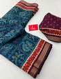 Vista Blue Kalamkari Pure Maslin Silk Saree With Evocative Blouse Piece