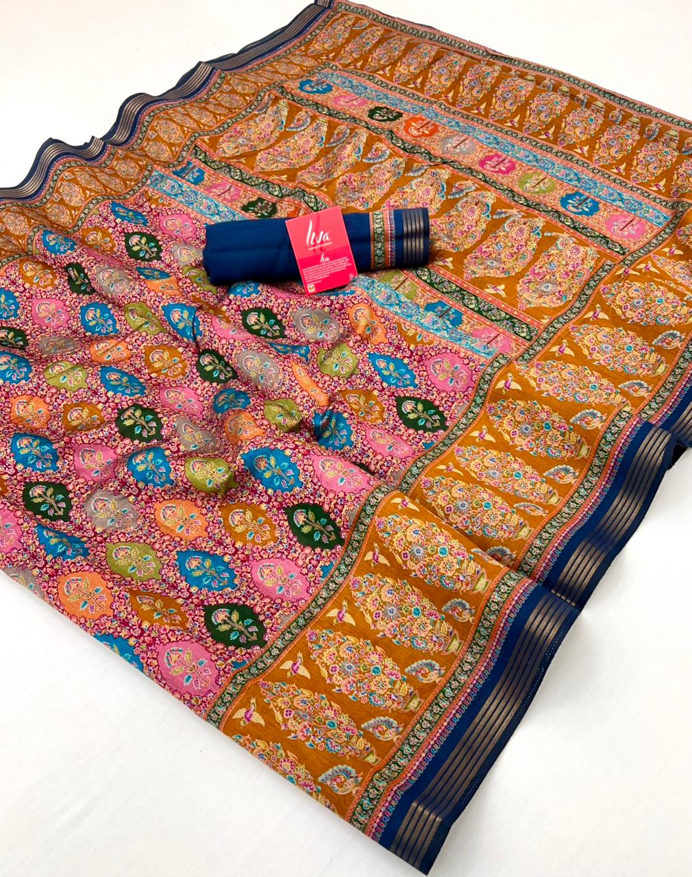 Musturd With Blue Border Muslin Soft Silk Saree With Gorgeous Blouse Piece