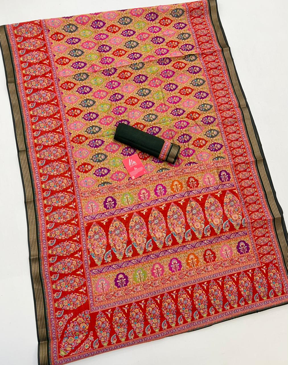 Tempting Red With Green Border Muslin Soft Silk Saree With Gorgeous Blouse Piece