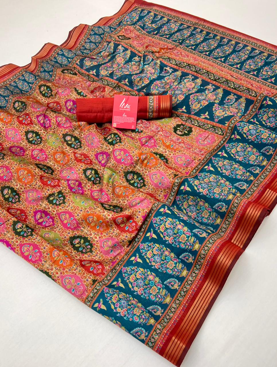 Beleaguer Rama With Red Border Muslin Soft Silk Saree With Gorgeous Blouse Piece