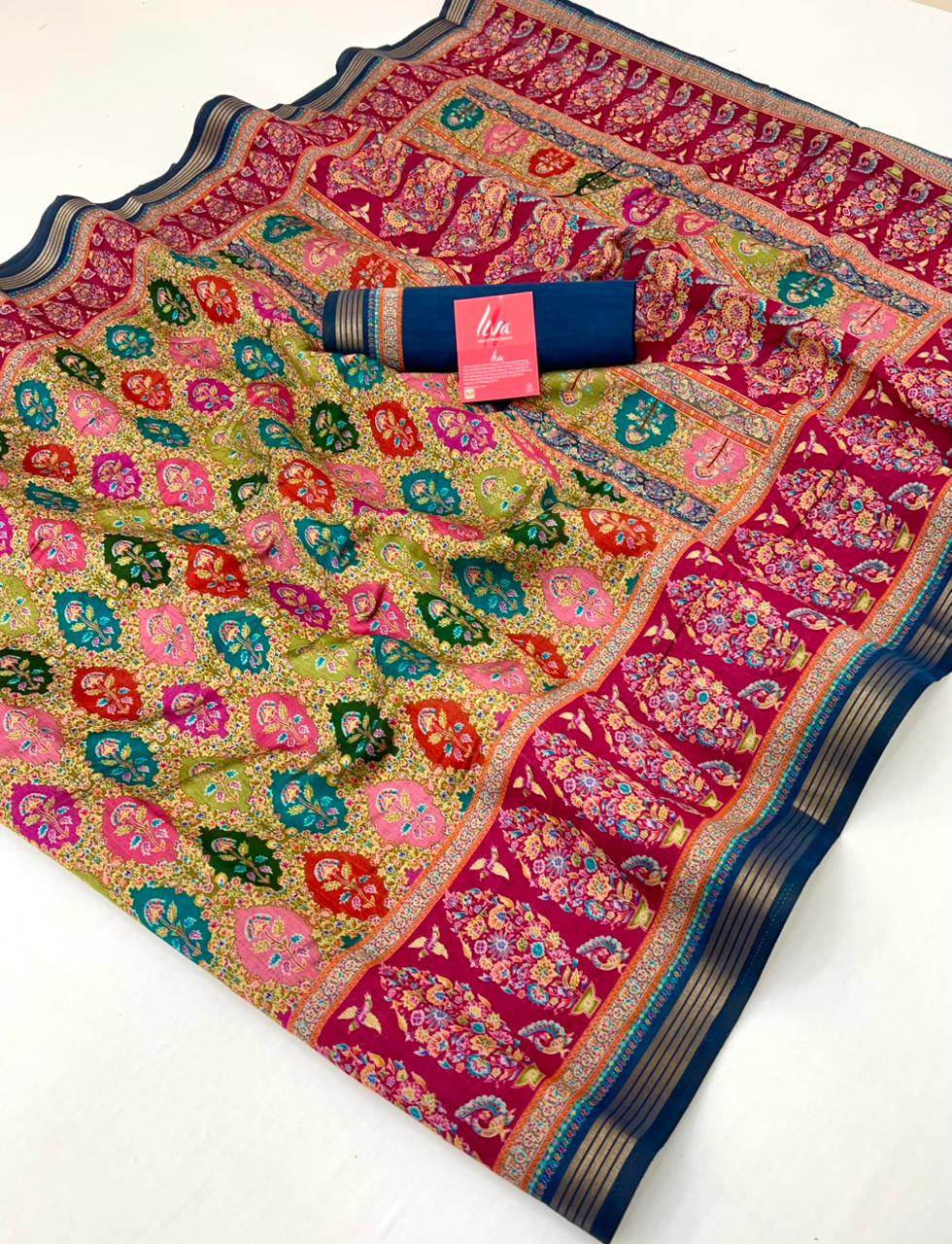 Innovative Pink With Blue Border Muslin Soft Silk Saree With Gorgeous Blouse Piece