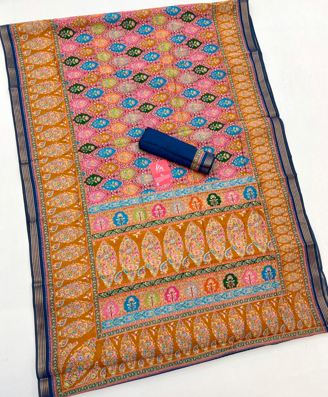 Musturd With Blue Border Muslin Soft Silk Saree With Gorgeous Blouse Piece