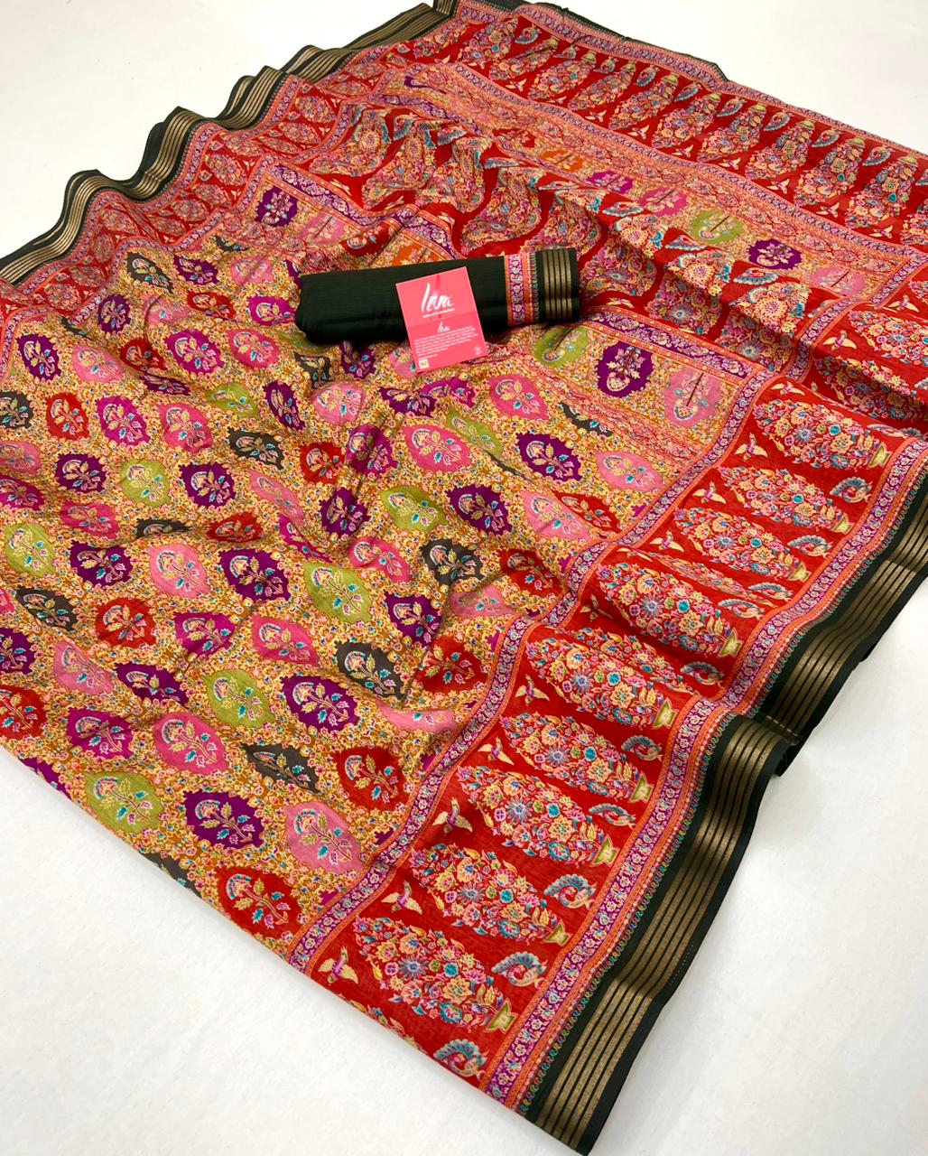 Tempting Red With Green Border Muslin Soft Silk Saree With Gorgeous Blouse Piece