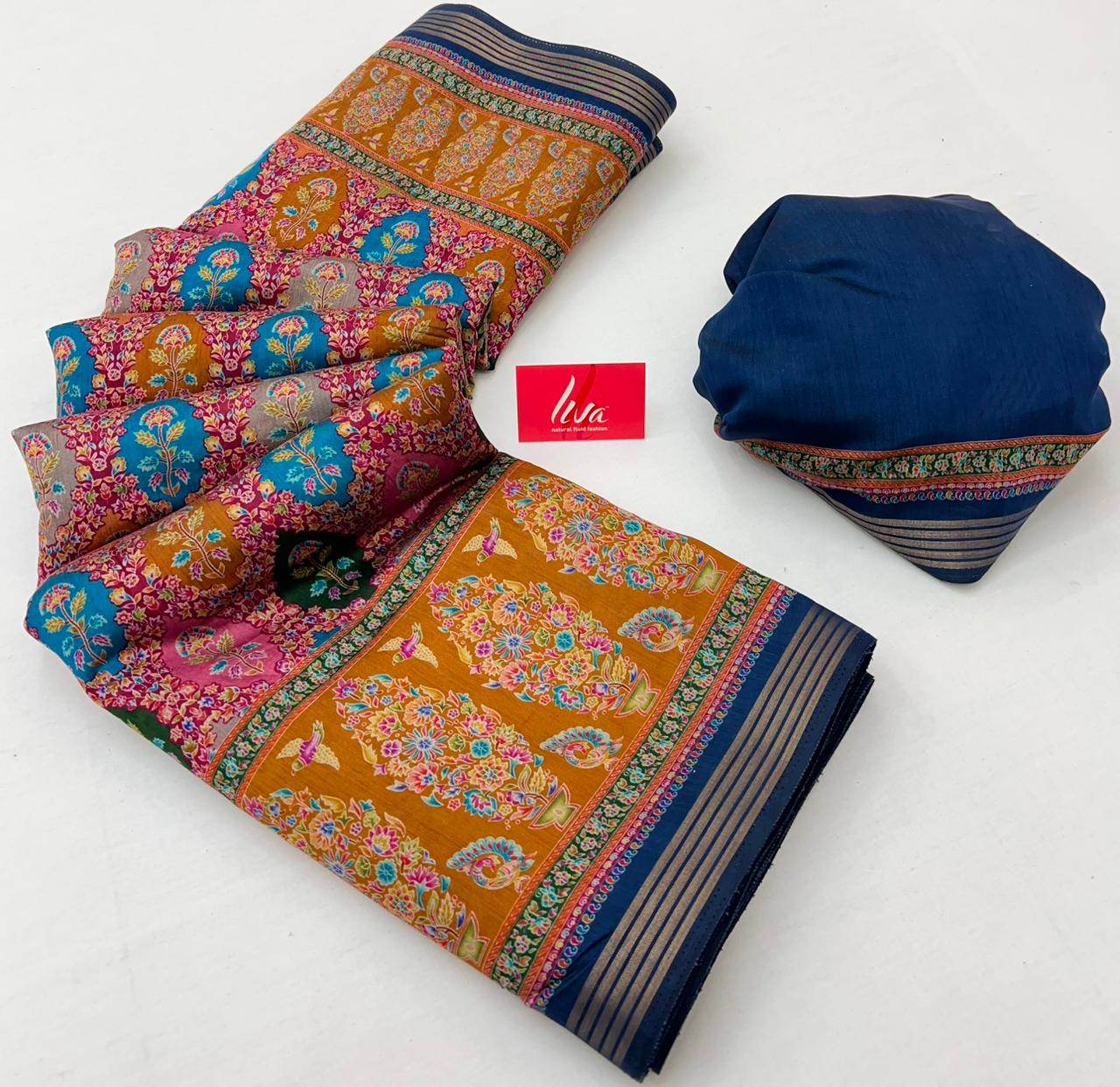 Musturd With Blue Border Muslin Soft Silk Saree With Gorgeous Blouse Piece