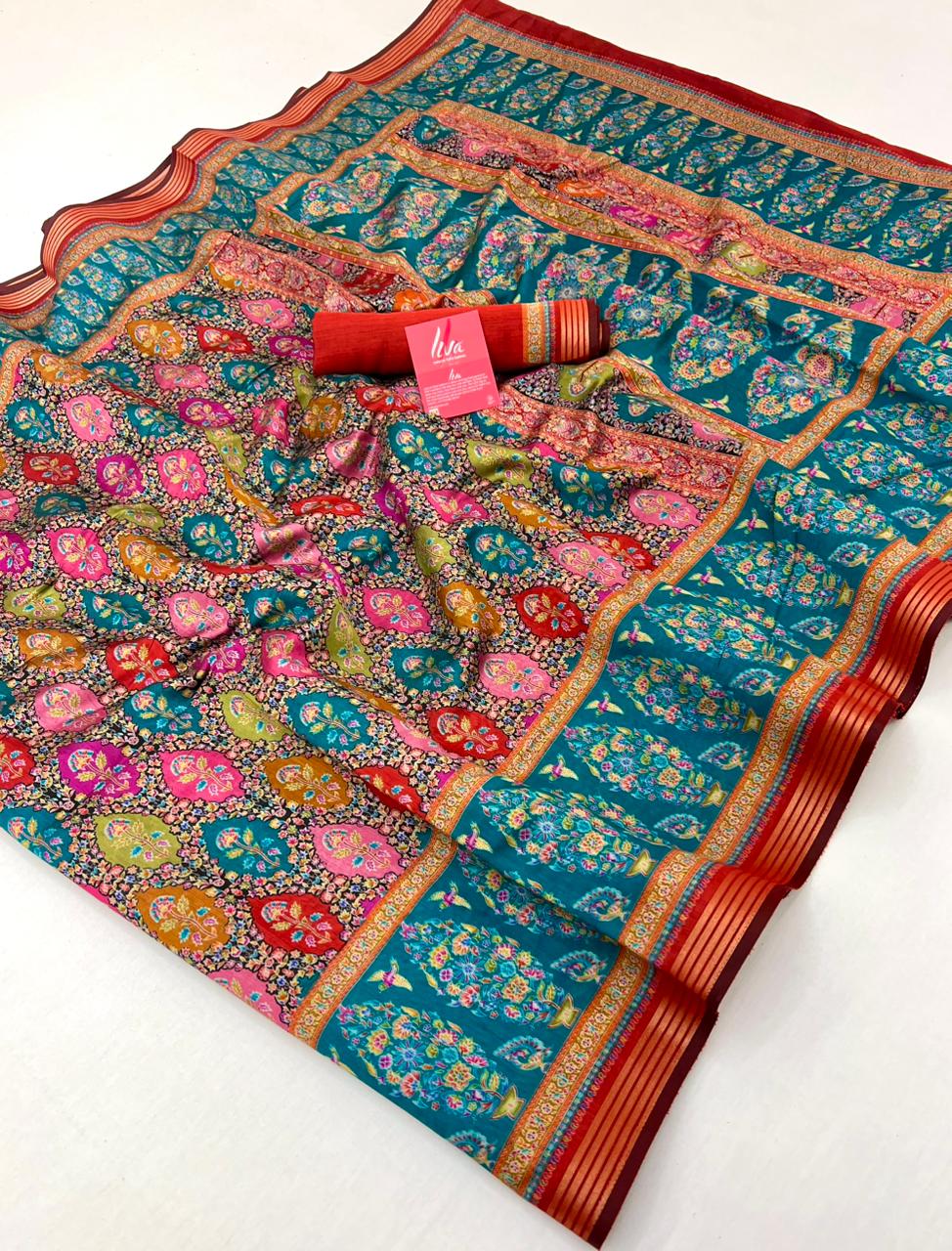 Luxuriant Blue With Red Border Muslin Soft Silk Saree With Gorgeous Blouse Piece