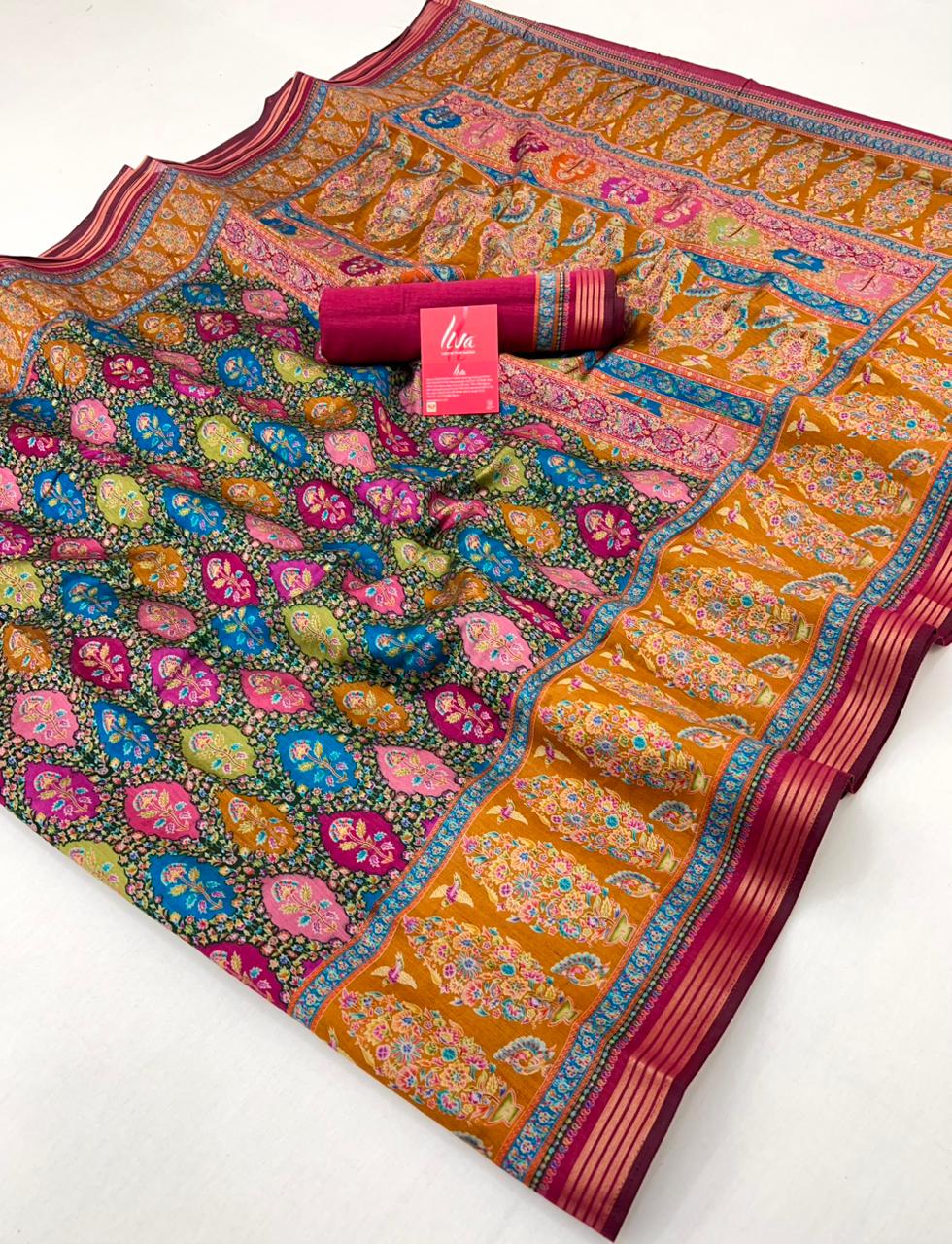 Panache Yellow With Rani Border Muslin Soft Silk Saree With Gorgeous Blouse Piece